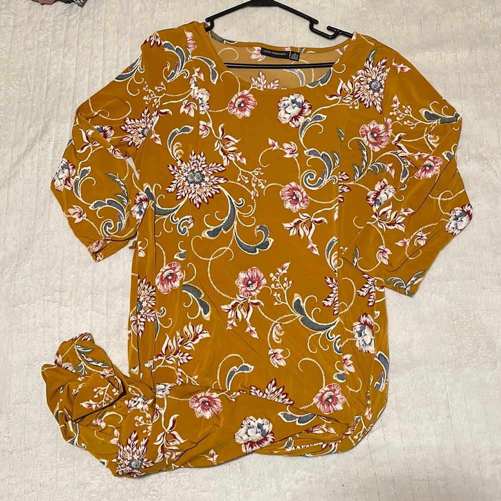 Nina Leonard Dress / Large / Orange w Flower Design